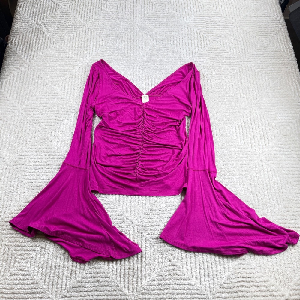 We The Free Ruched Bell Sleeve Top Women's Large Magenta Pink Boho Whimsigoth